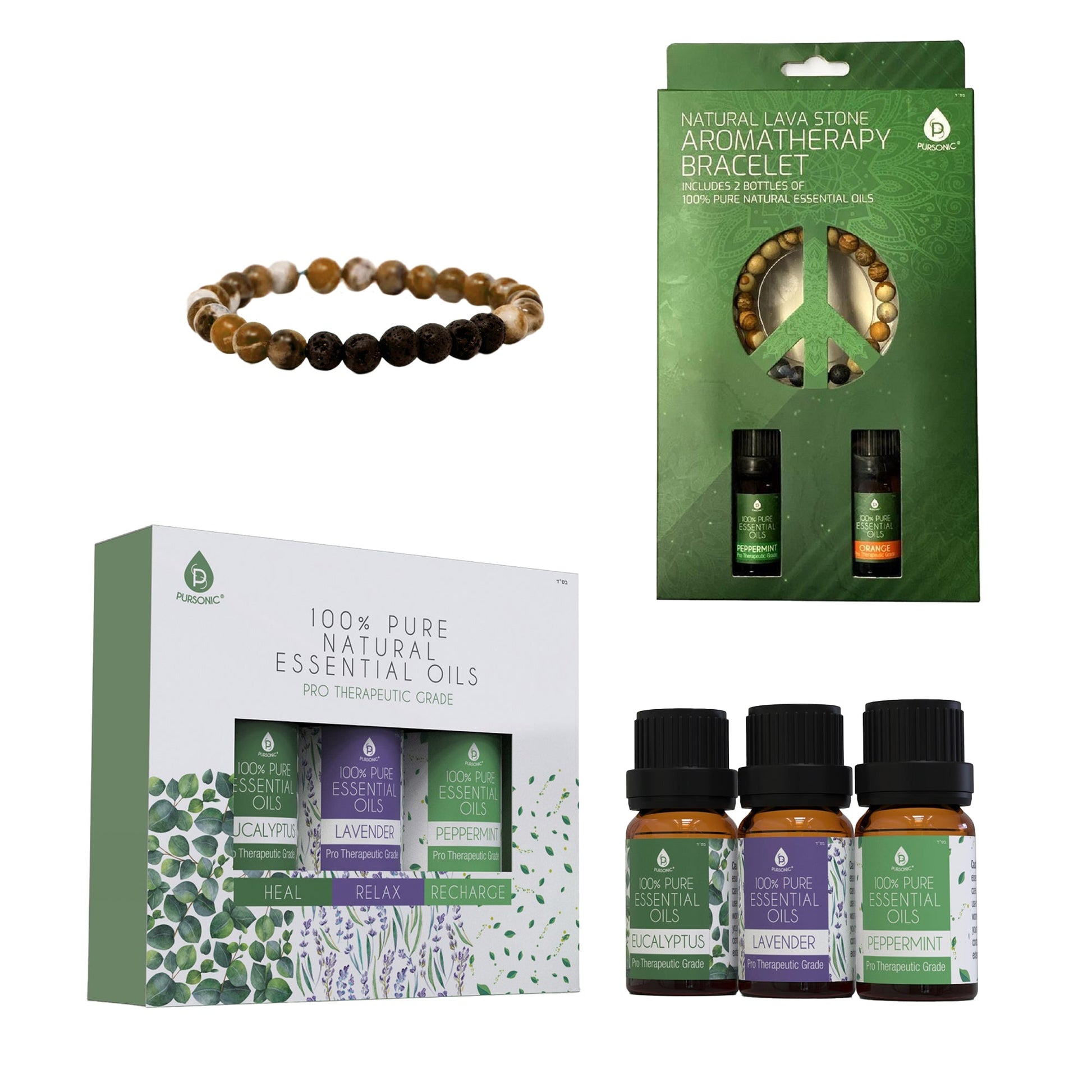 Pursonic Aromatherapy Bliss Set: Lava Stone Bracelet with 100% Pure Essential Oils-0